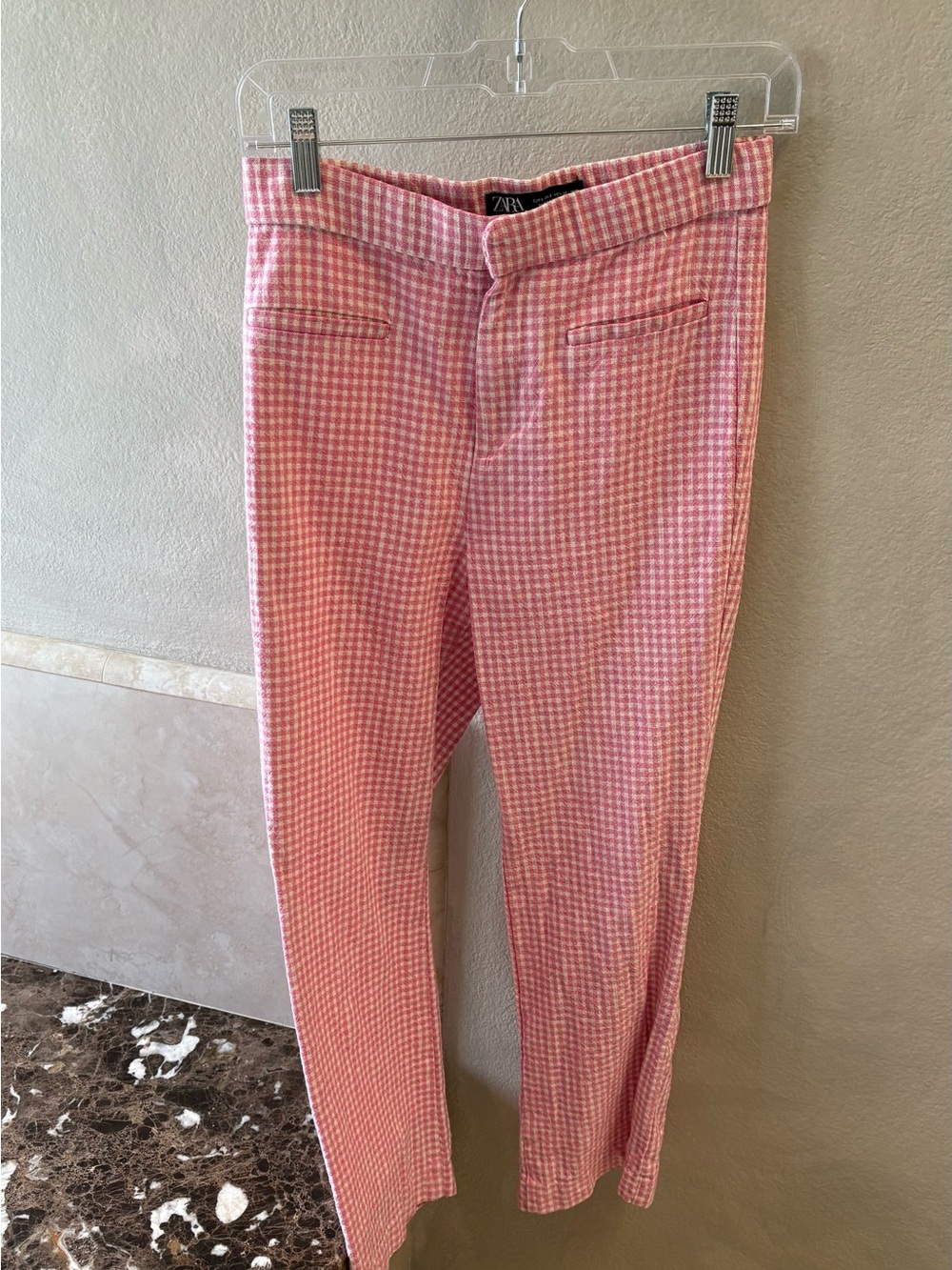 Zara Pink & white Gingham Slim Trousers